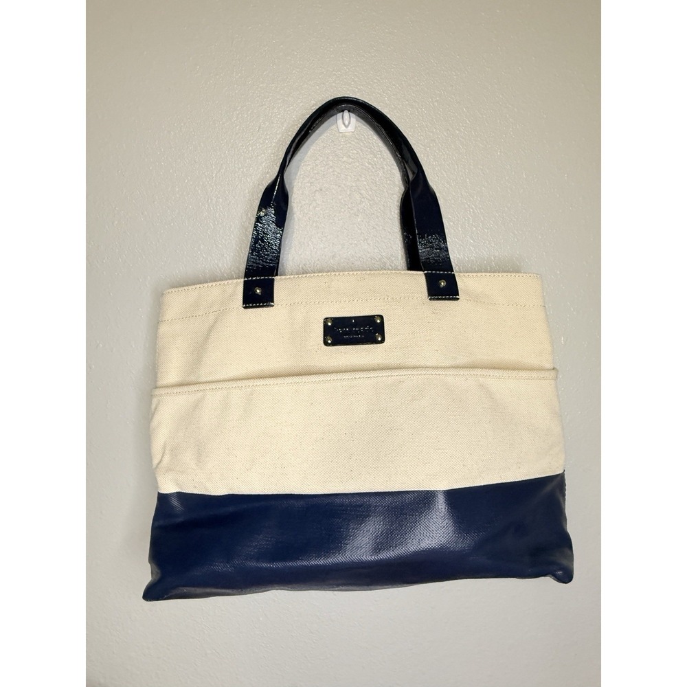 Kate Spade Women's Canvas &‎ Blue Patent Leather Medium Sized Tote Purse